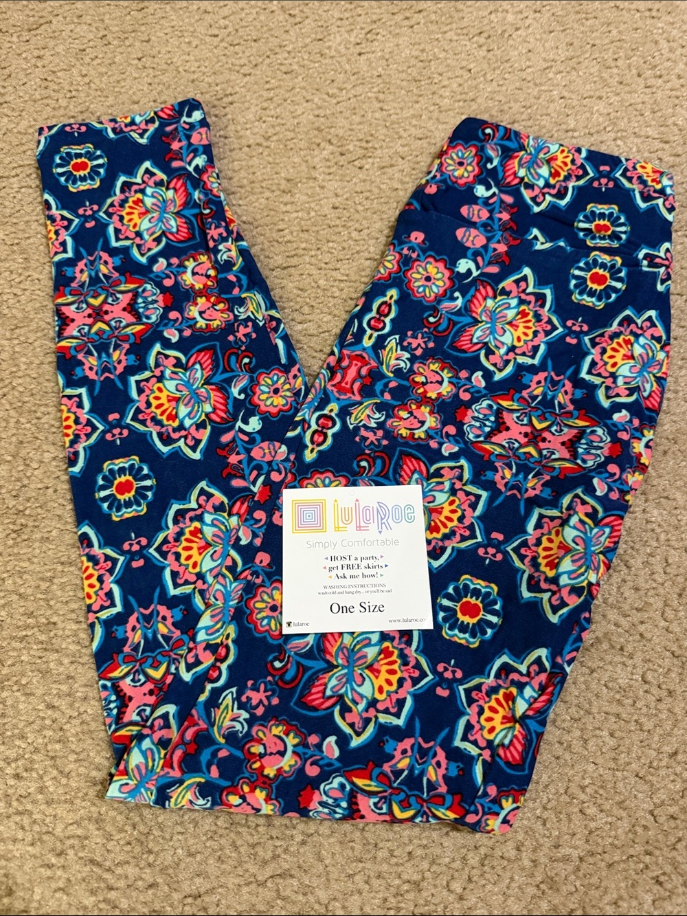 LuLaRoe Navy Floral One Size Leggings with Multicolor Blooms